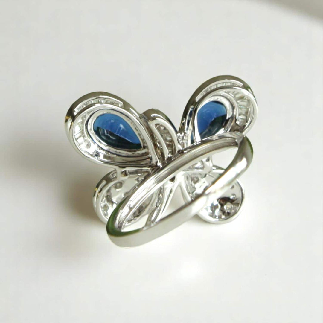 Blue Sapphire Butterfly Diamond Ring, 14K Solid Gold, Natural Diamonds, Insect Jewelry, Gemstone Cocktail Ring, Ready To Ship