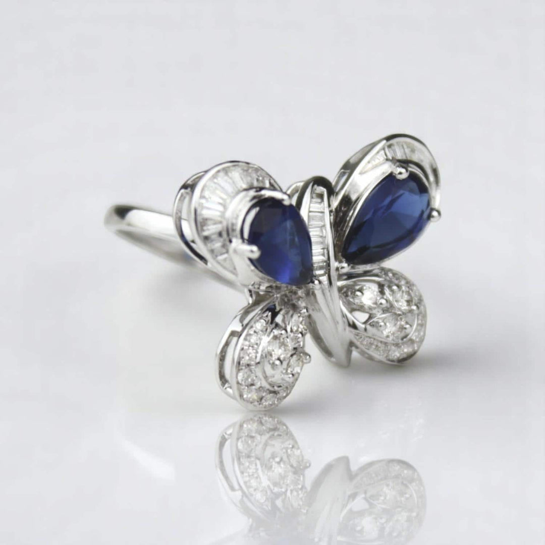 Blue Sapphire Butterfly Diamond Ring, 14K Solid Gold, Natural Diamonds, Insect Jewelry, Gemstone Cocktail Ring, Ready To Ship