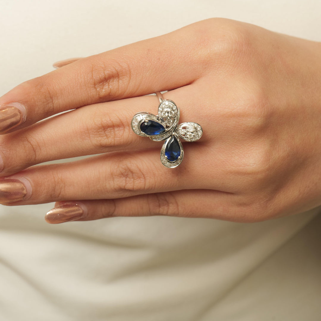 Blue Sapphire Butterfly Diamond Ring, 14K Solid Gold, Natural Diamonds, Insect Jewelry, Gemstone Cocktail Ring, Ready To Ship