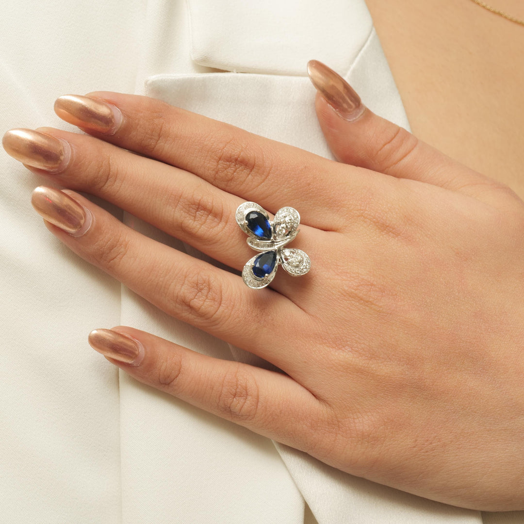 Blue Sapphire Butterfly Diamond Ring, 14K Solid Gold, Natural Diamonds, Insect Jewelry, Gemstone Cocktail Ring, Ready To Ship