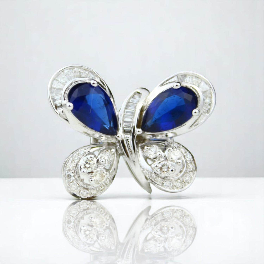 Blue Sapphire Butterfly Diamond Ring, 14K Solid Gold, Natural Diamonds, Insect Jewelry, Gemstone Cocktail Ring, Ready To Ship