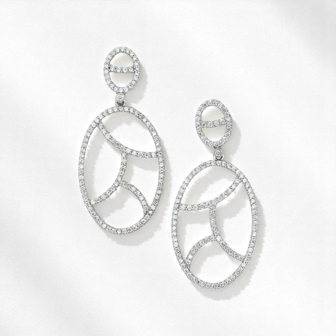 Geometric Oval Natural Diamond Drop Earrings: 14k Solid Gold, HRD Certification, Ready To Ship
