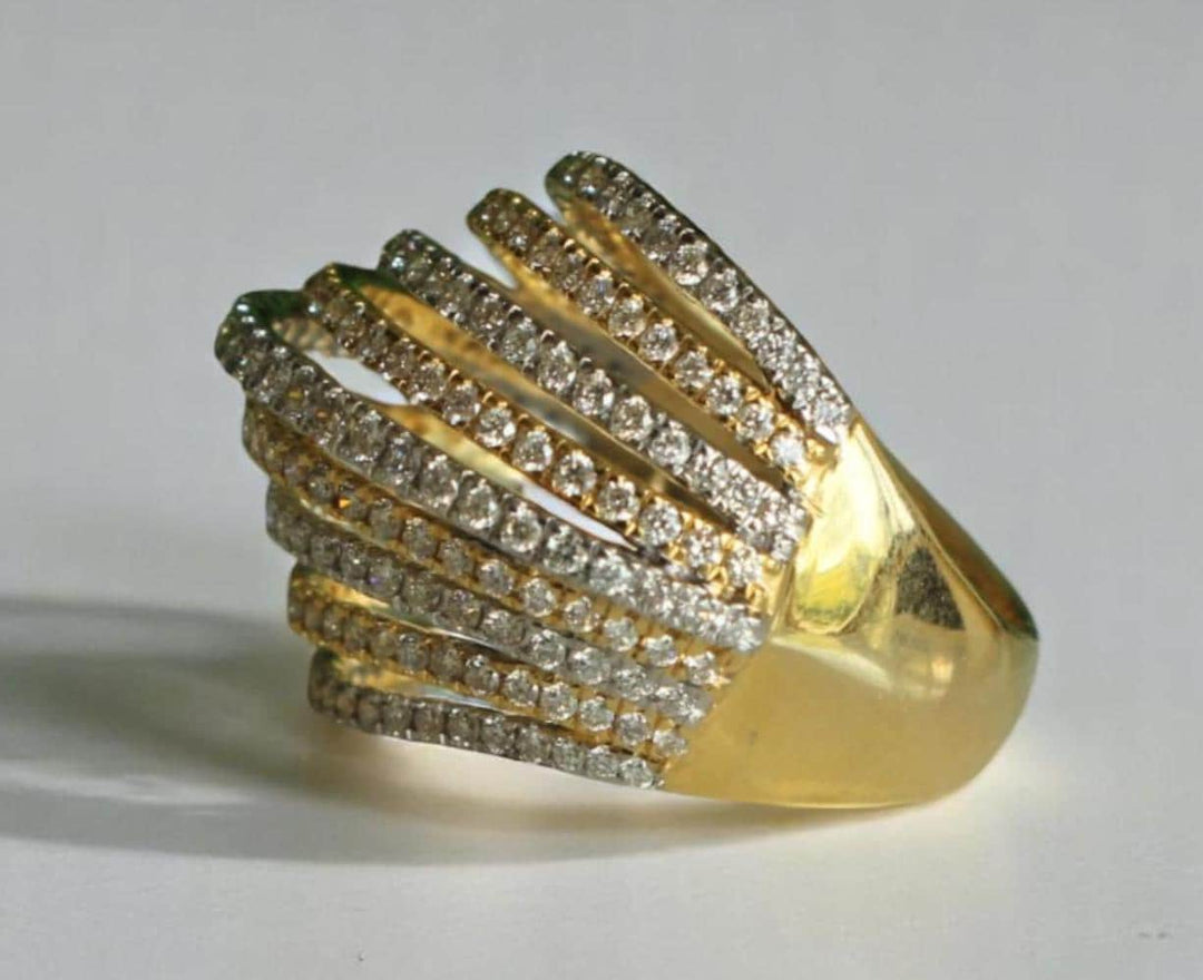 Diamond Wave Lines Band Ring, 14K Solid Gold, Natural Diamond, Two-toned Cocktail Ring, Multiple Lines  Statement Band, Gift For Her