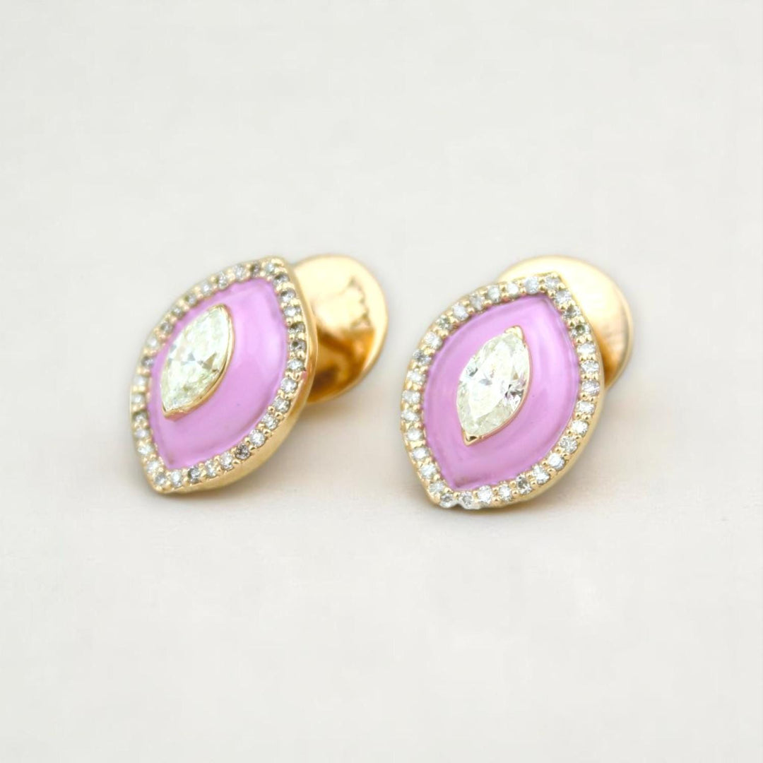 Eye shape Diamond Stud Earrings with Pink Enameling in 14k Solid Gold, Marquise & Round Natural Diamonds, Ready To Ship, Women&#39;s Day Gift