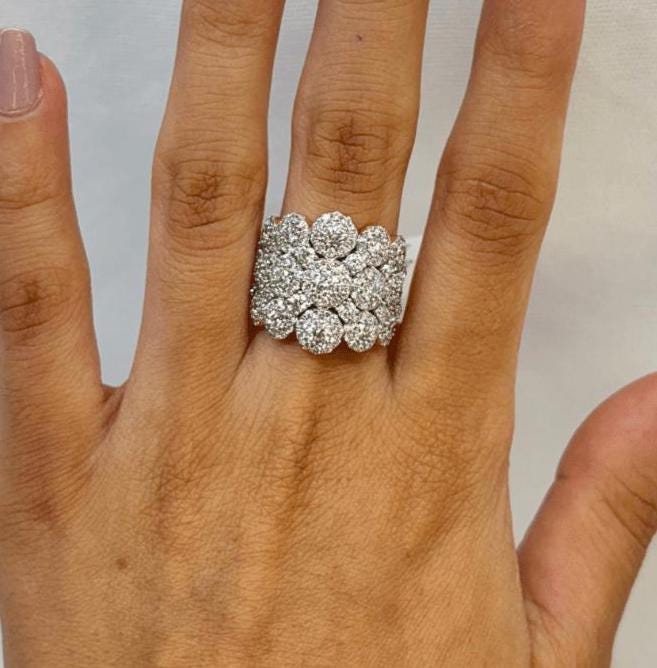 Floral Diamond Cocktail Ring, 14k Solid Gold, Natural Diamonds, Wide Gold Diamond Band, Cluster Statement Ring, Two Toned Ring, Gift For Her