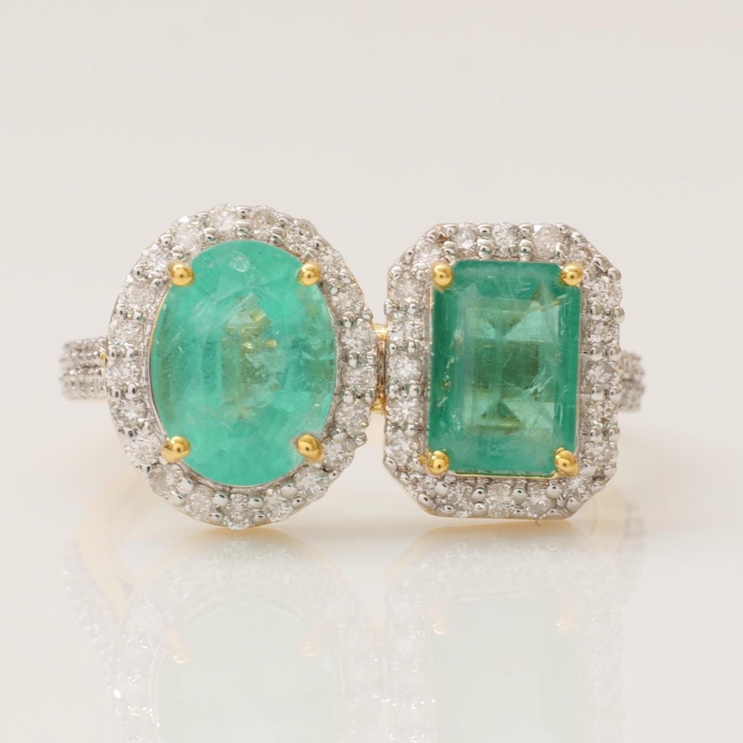 Emerald Gemstone Halo Diamond Ring, 14k Solid Gold, Natural Diamond, Statement Jewelry, Dual Tone Ring, Cocktail Ring, Gift for Her