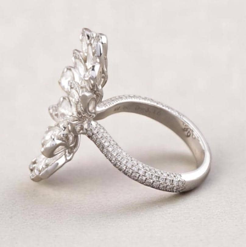 Peacock Feather Diamond Ring, 14k Solid Gold, Rosecut Natural Diamonds, Cocktail Statement Ring, Bold Cluster Ring, Gift For Her