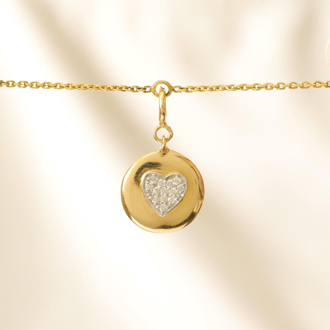 Heart Disc Natural Diamond Everyday Minimalist  Charm: 14k Solid Gold Pave Love Layering Charm, Jewellery, Certified Jewelry, Ready To Ship