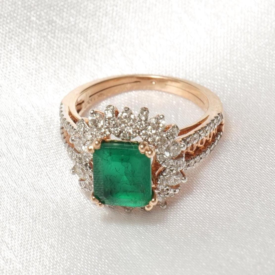 Emerald Diamond Halo Ring, 14k Solid Gold, Natural Diamonds, Birthstone Filigree Gemstone Ring, Cocktail Statement Ring, Ready To Ship