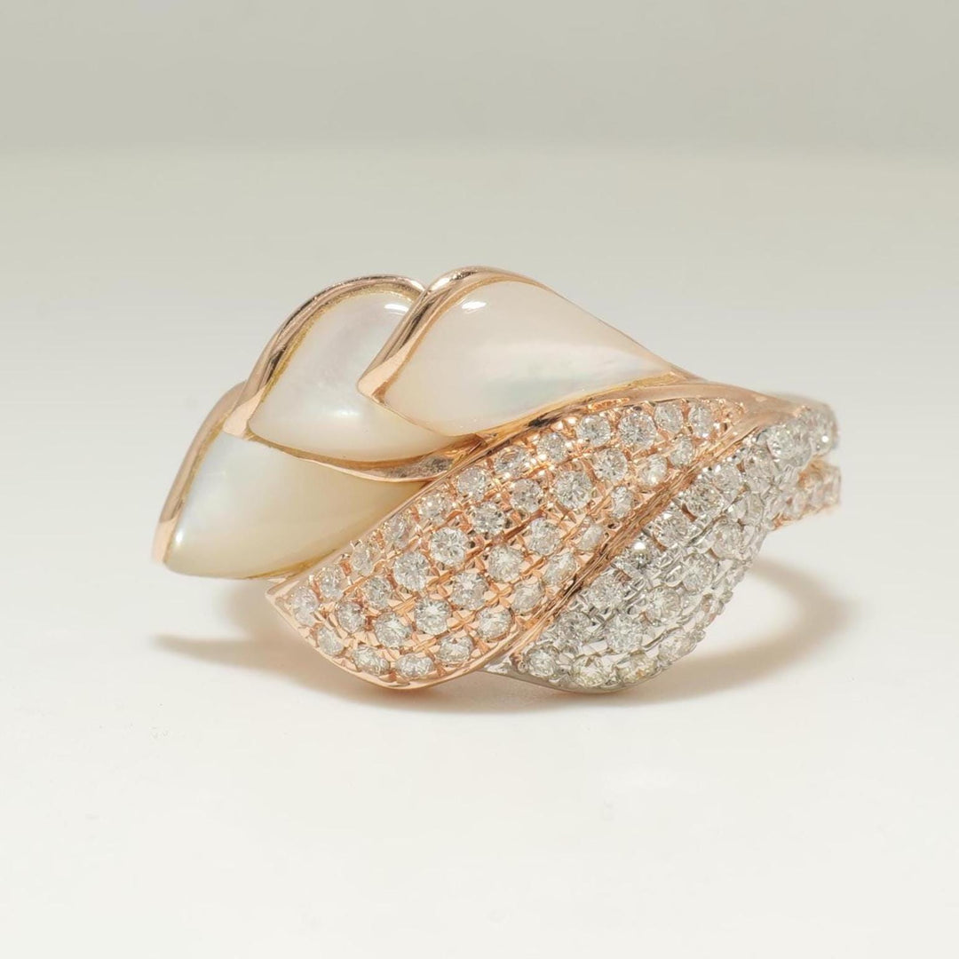 Mother of Pearl Diamond Ring, 14k Solid Gold, Natural Diamonds, Cocktail Leaf Ring, Two Toned Statement Jewelry, Ready To Ship