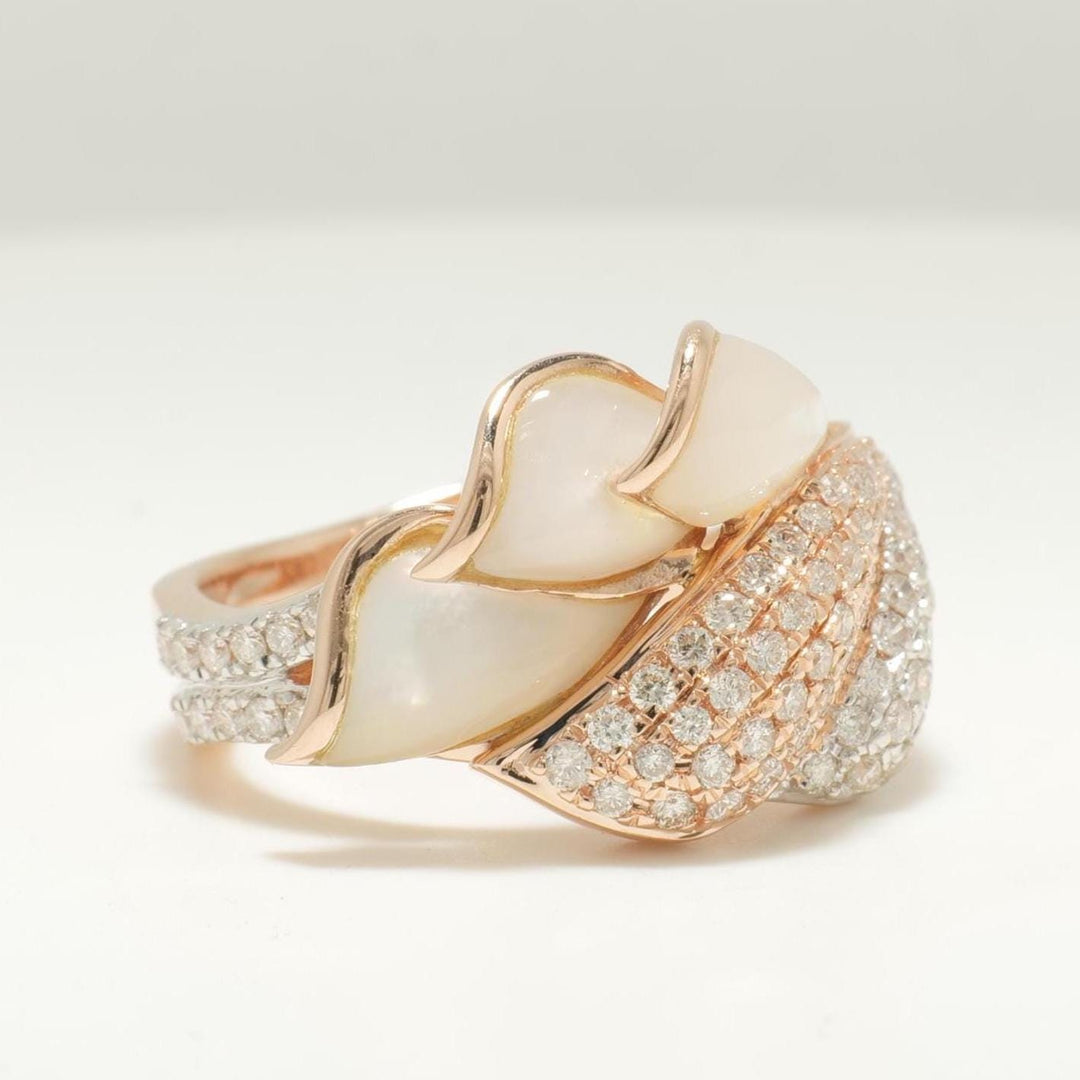 Mother of Pearl Diamond Ring, 14k Solid Gold, Natural Diamonds, Cocktail Leaf Ring, Two Toned Statement Jewelry, Ready To Ship