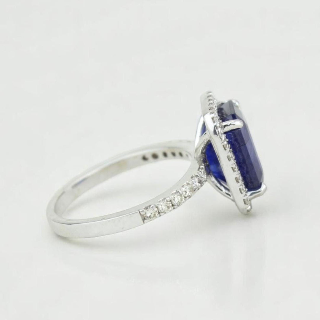 Blue Sapphire Halo Diamond Ring, 14k Solid Gold, Natural Diamonds, Emerald Cut Gemstone Ring, Engagement Ring, Ready To Ship