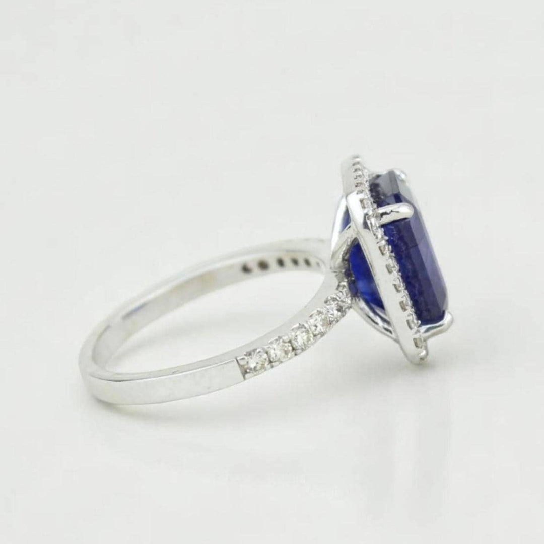 Blue Sapphire Halo Diamond Ring, 14k Solid Gold, Natural Diamonds, Emerald Cut Gemstone Ring, Engagement Ring, Ready To Ship