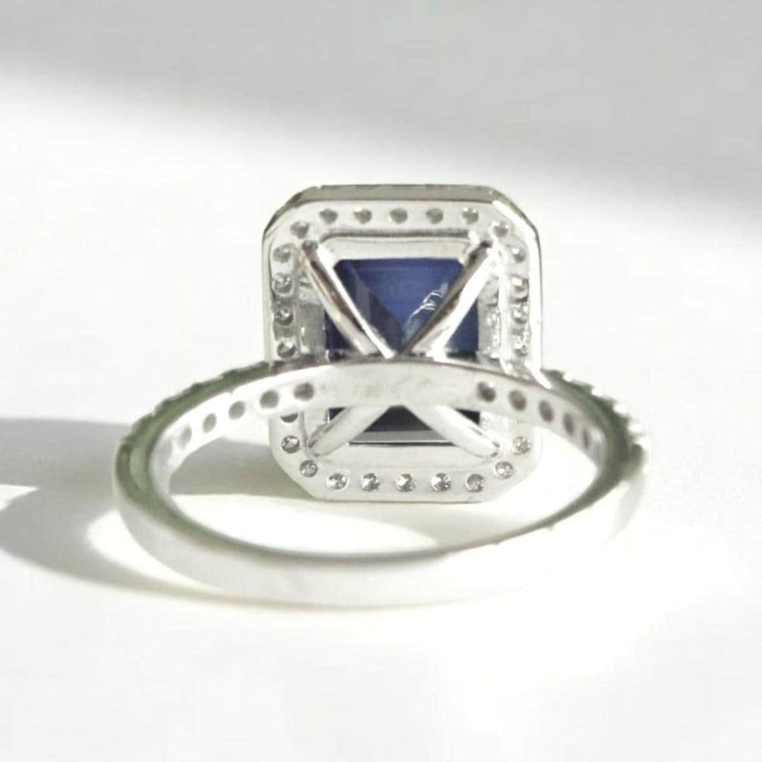 Blue Sapphire Halo Diamond Ring, 14k Solid Gold, Natural Diamonds, Emerald Cut Gemstone Ring, Engagement Ring, Ready To Ship