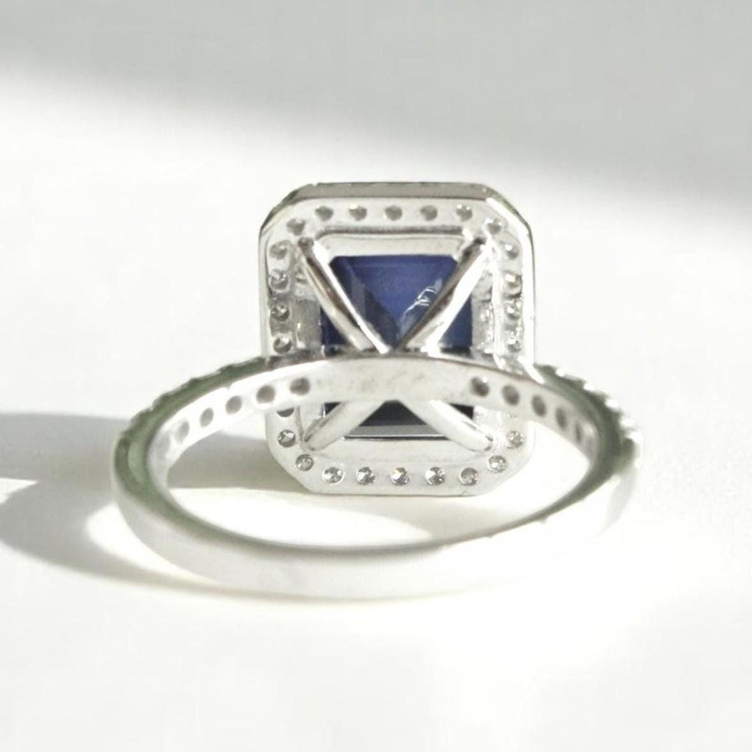 Blue Sapphire Halo Diamond Ring, 14k Solid Gold, Natural Diamonds, Emerald Cut Gemstone Ring, Engagement Ring, Ready To Ship