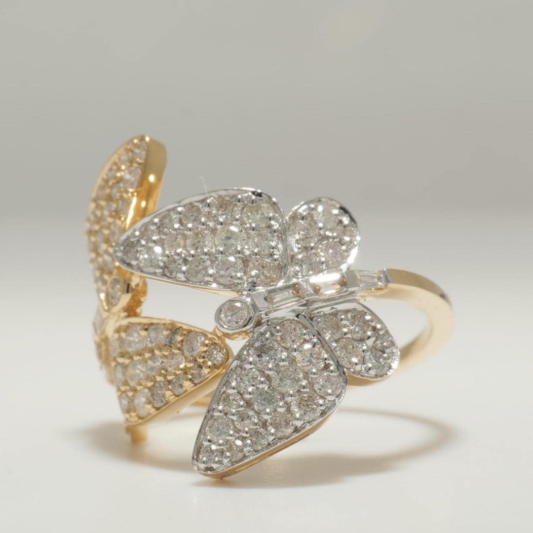 Butterfly Diamond Wrap Ring, 14K Solid Gold, Dual Color Statement Ring, Baguettes & Round Natural Diamonds, Ready To Ship