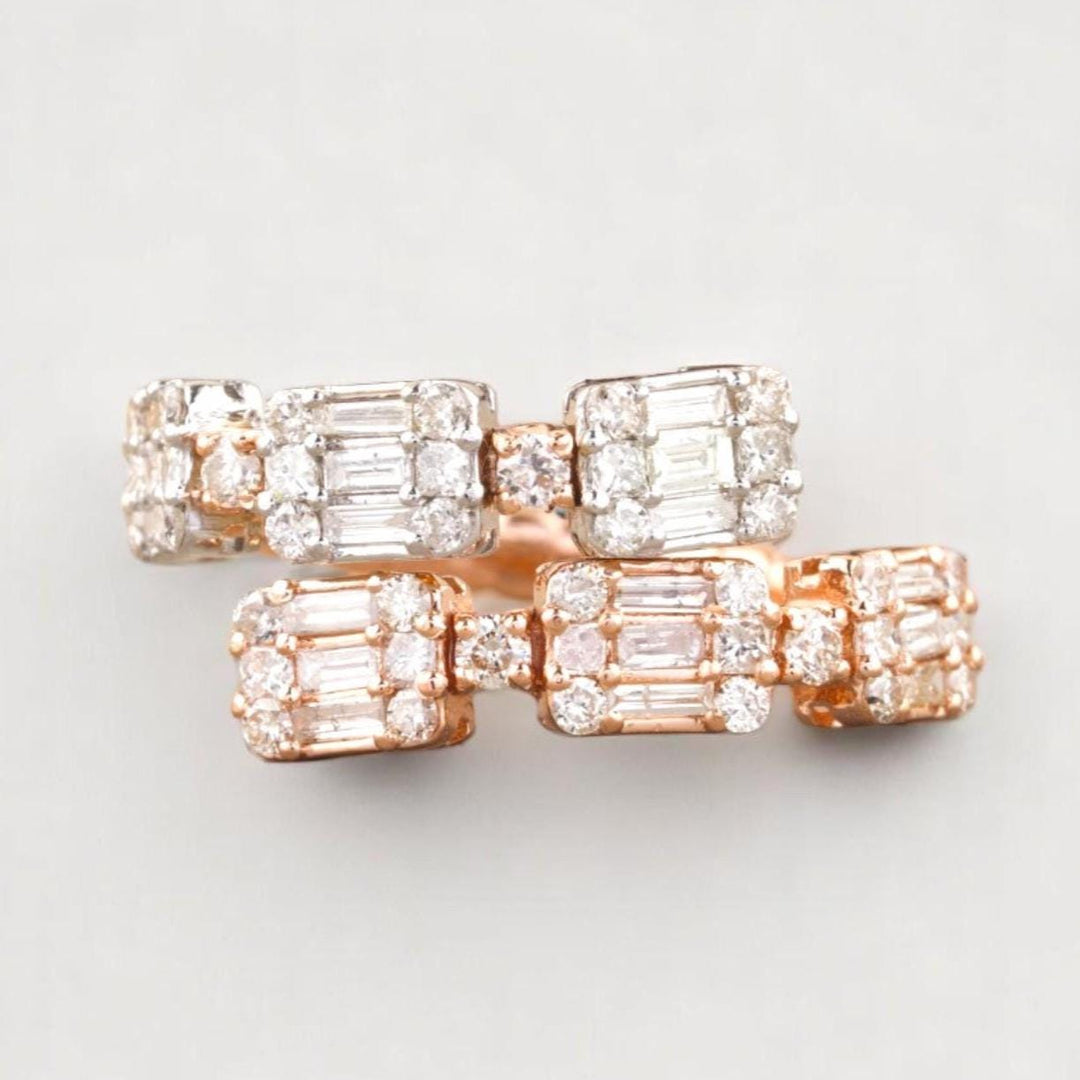 Double Band Diamond Ring In 14K Solid Gold, Baguette & Round Diamonds, Centre Open Ring With Natural Diamonds, Gift For Her