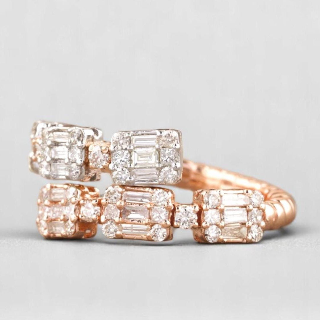 Double Band Diamond Ring In 14K Solid Gold, Baguette & Round Diamonds, Centre Open Ring With Natural Diamonds, Gift For Her