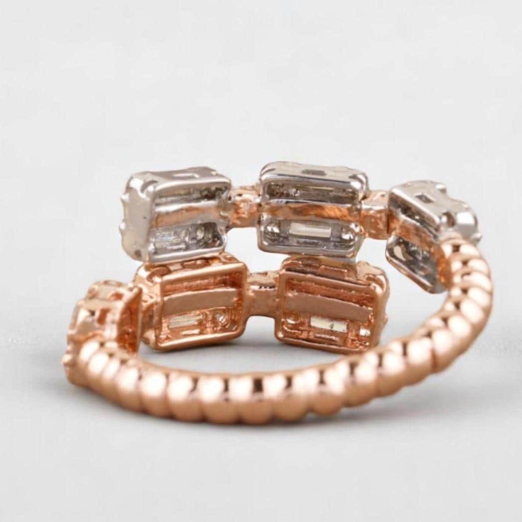 Double Band Diamond Ring In 14K Solid Gold, Baguette & Round Diamonds, Centre Open Ring With Natural Diamonds, Gift For Her