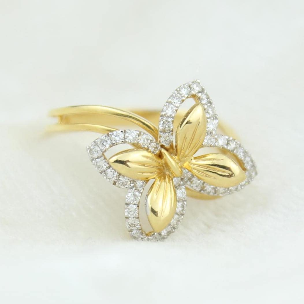 Butterfly Halo Natural Diamond Ring: 14k Solid Gold Double Toned Insect Ring, Certified Jewelry