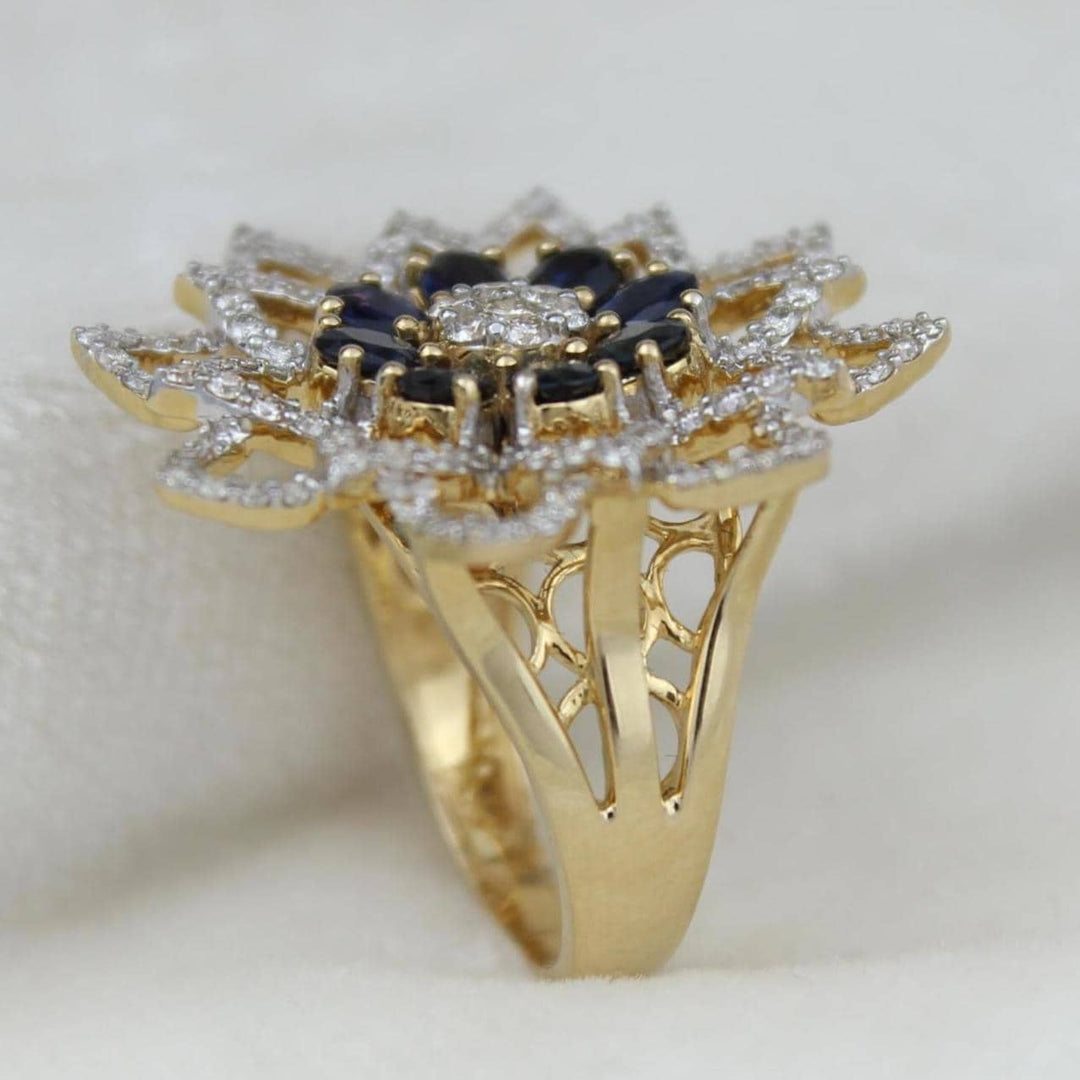 Flower Diamond Ring, Blue Sapphire Gemstone Ring, 14K Solid Gold, Natural Diamonds, Cocktail Statement Ring, Ready To Ship