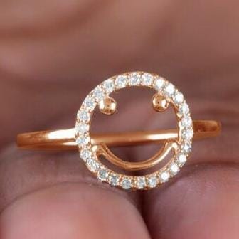 Smiley Diamond Ring, 14k Solid Gold, Natural Diamonds, Emoji Friendship Ring, Everyday Stackable Jewelry, Ready To Ship