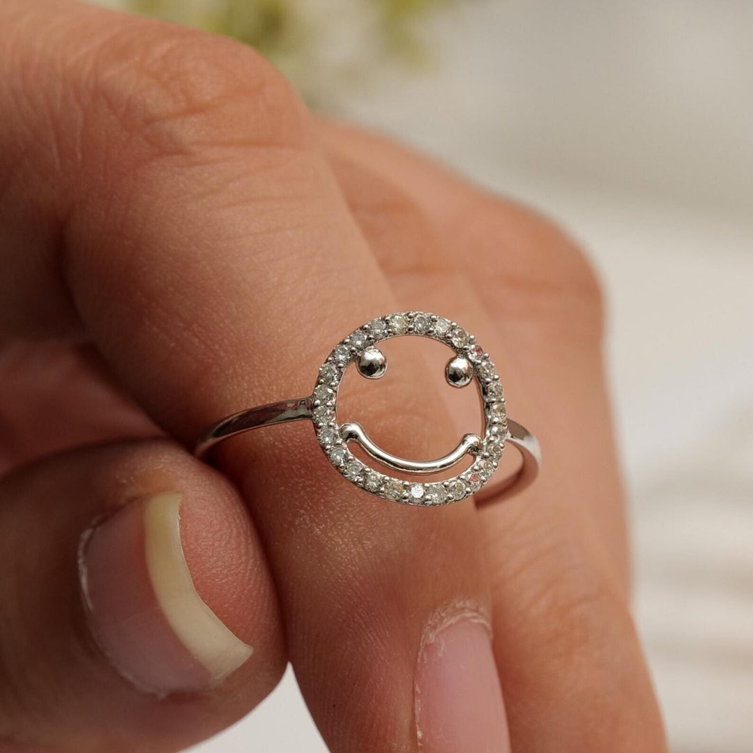 Smiley Diamond Ring, 14k Solid Gold, Natural Diamonds, Emoji Friendship Ring, Everyday Stackable Jewelry, Ready To Ship