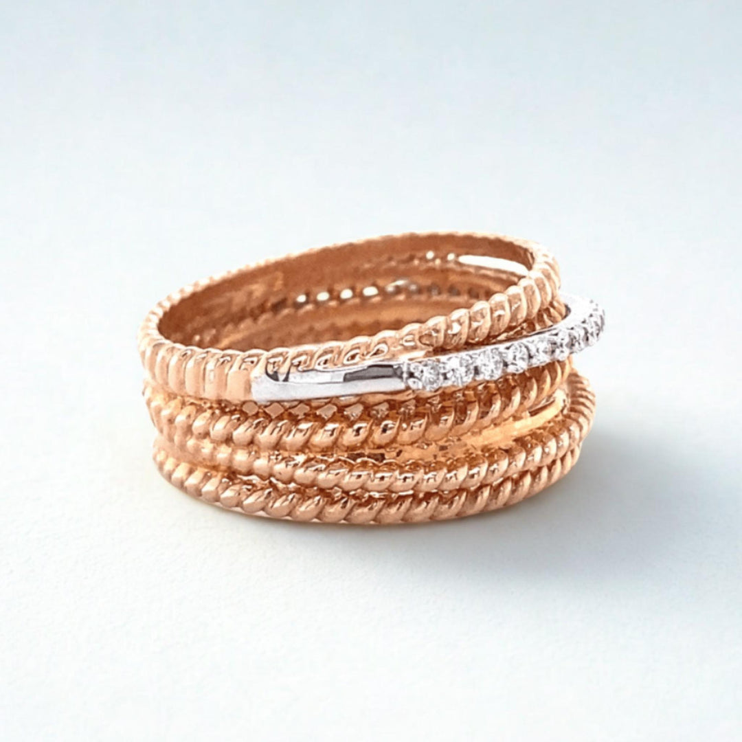 Twist Diamond Broad Band Ring, 14K Solid Gold, Criss Cross Ring, Natural Diamonds, Dual Tone Stackable Ring, Ready To Ship, Women&#39;s Day Gift