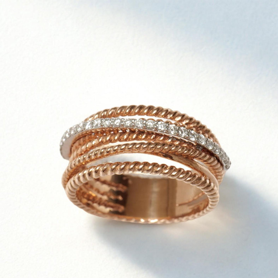 Twist Diamond Broad Band Ring, 14K Solid Gold, Criss Cross Ring, Natural Diamonds, Dual Tone Stackable Ring, Ready To Ship, Women&#39;s Day Gift