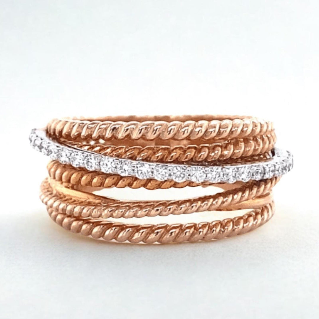 Twist Diamond Broad Band Ring, 14K Solid Gold, Criss Cross Ring, Natural Diamonds, Dual Tone Stackable Ring, Ready To Ship, Women&#39;s Day Gift