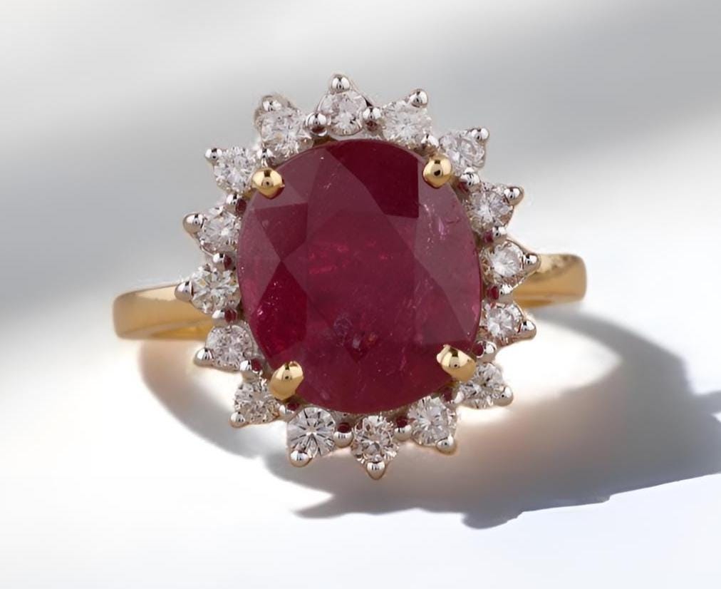 Oval Ruby Diamond Ring, 14k Solid Gold, Natural Diamonds, Cocktail Ring, Gemstone Halo Jewelry, Statement Ring, Gift For Her