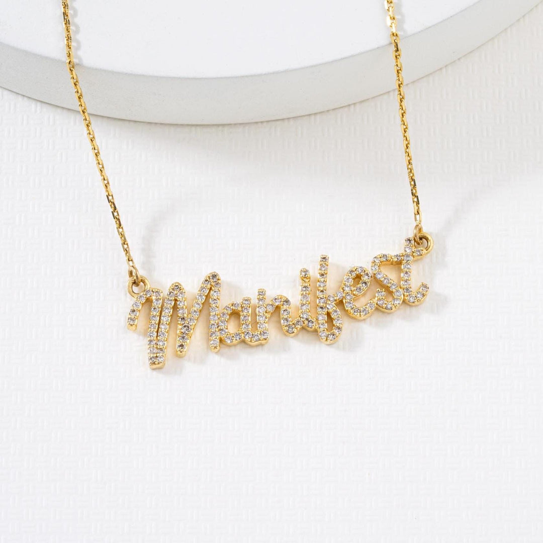 Manifest Natural Diamond Pendant Necklace, 14k Solid Gold Name Affirmation Jewelry, IGI Certified,  Ready To Ship