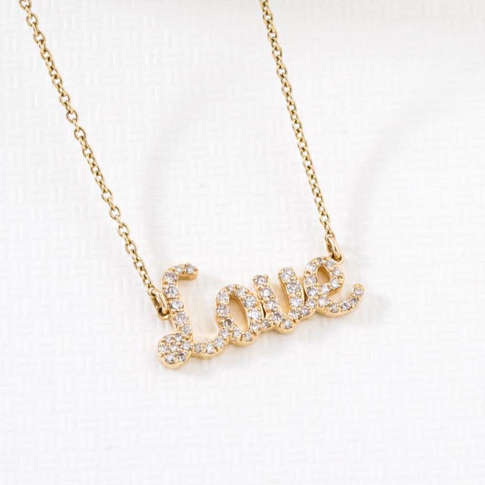 Love Diamond Necklace, 14kt Solid Gold, Script Inspirational Jewelry, Handcrafted Jewelry, Word Necklace, Ready To Ship, Women&#39;s Day Gift