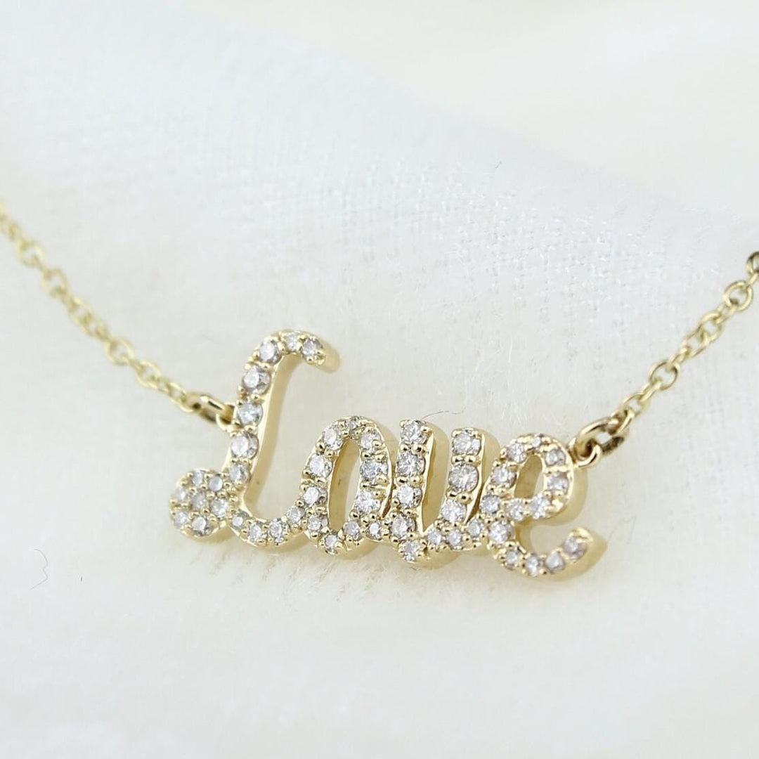 Love Diamond Necklace, 14kt Solid Gold, Script Inspirational Jewelry, Handcrafted Jewelry, Word Necklace, Ready To Ship, Women&#39;s Day Gift