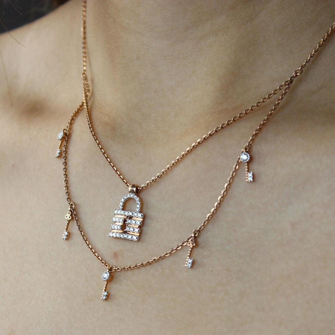 Lock & Key Diamond Necklace, 14k Solid Gold, Natural Diamonds, Dual Tone Charm Layered Stacking Necklace, Ready To Ship, IGI Certified