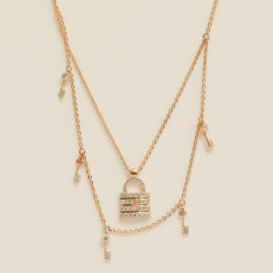 Lock & Key Diamond Necklace, 14k Solid Gold, Natural Diamonds, Dual Tone Charm Layered Stacking Necklace, Ready To Ship, IGI Certified