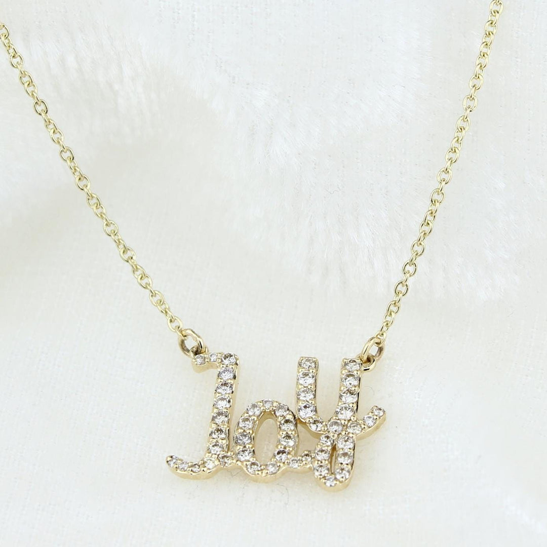 Joy Diamond Pendant Necklace, 14kt Solid Gold, Script Word Necklace, Handcrafted Inspirational Jewelry, Ready To Ship, Women's Day Gift