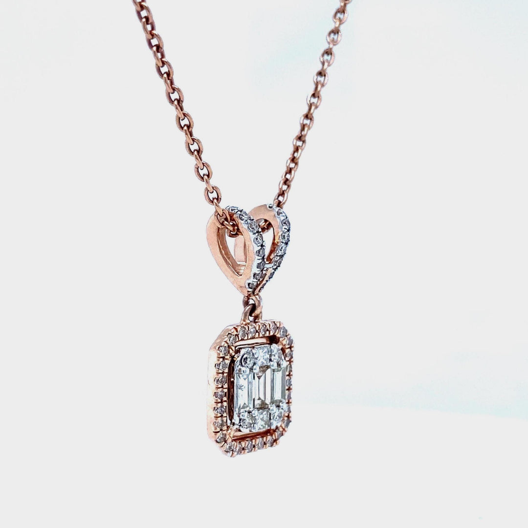 Baguette & Round Pendant Necklace, 14k Solid Gold, Rectangular Illusion and Halo Setting, Natural Diamonds, Ready To Ship, Women&#39;s Day Gift