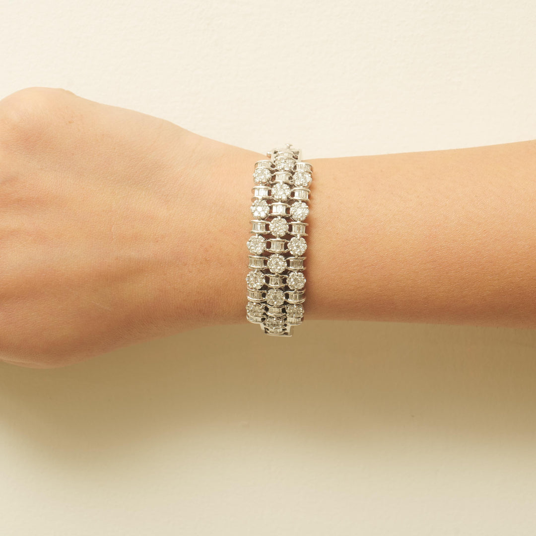 Triple Row Diamond Bracelet, 14k Solid Gold, Natural Diamonds, Baguette Cluster Illusion Cocktail Bracelet, Wide Wedding Statement Bracelet