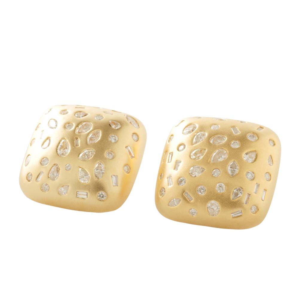 Gold Square Dome Diamond Studs, 14k Solid Gold, Natural Diamonds, Flush Set Matte Statement Cocktail Earrings, Ready To Ship, IGI Certified