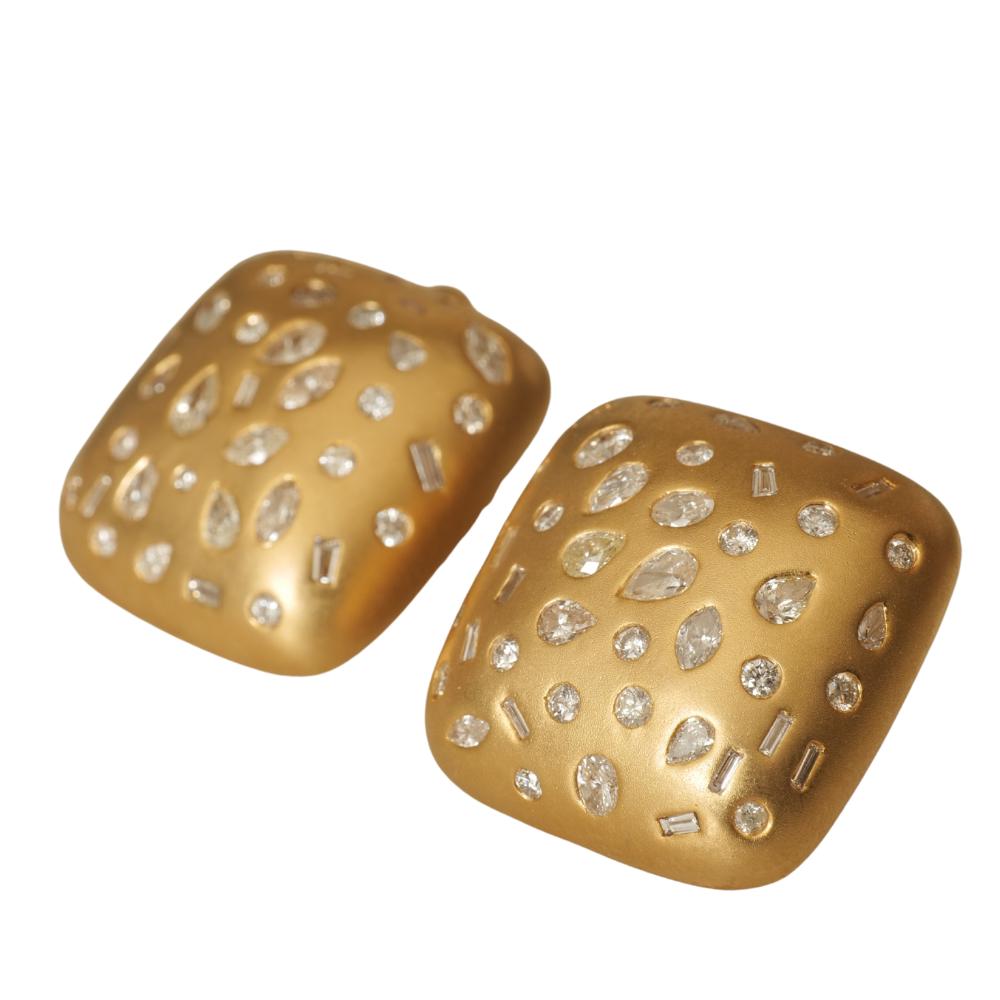 Gold Square Dome Diamond Studs, 14k Solid Gold, Natural Diamonds, Flush Set Matte Statement Cocktail Earrings, Ready To Ship, IGI Certified