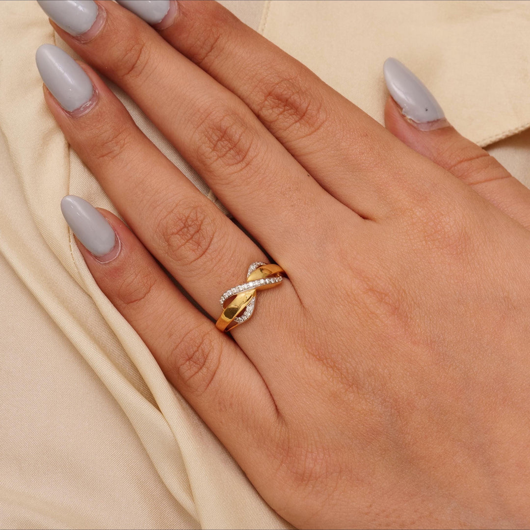 Infinity Diamond Crossover Ring, 14k Solid Gold, Natural Diamond, Promise Love Ring, Everyday Ring, Two Tone Jewelry, Minimalistic Ring