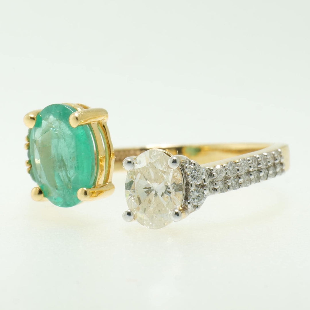 Oval Emerald Diamond Ring, 14k Solid Gold, Natural Diamond, Two Tone Statement Jewelry, Open Cuff Band, Cocktail Gemstone Ring