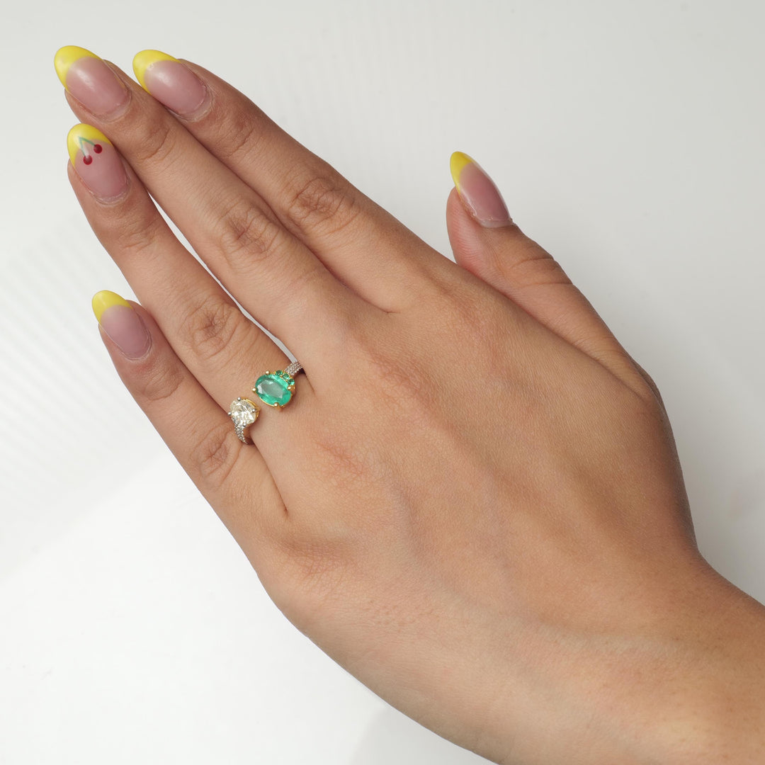 Oval Emerald Diamond Ring, 14k Solid Gold, Natural Diamond, Two Tone Statement Jewelry, Open Cuff Band, Cocktail Gemstone Ring