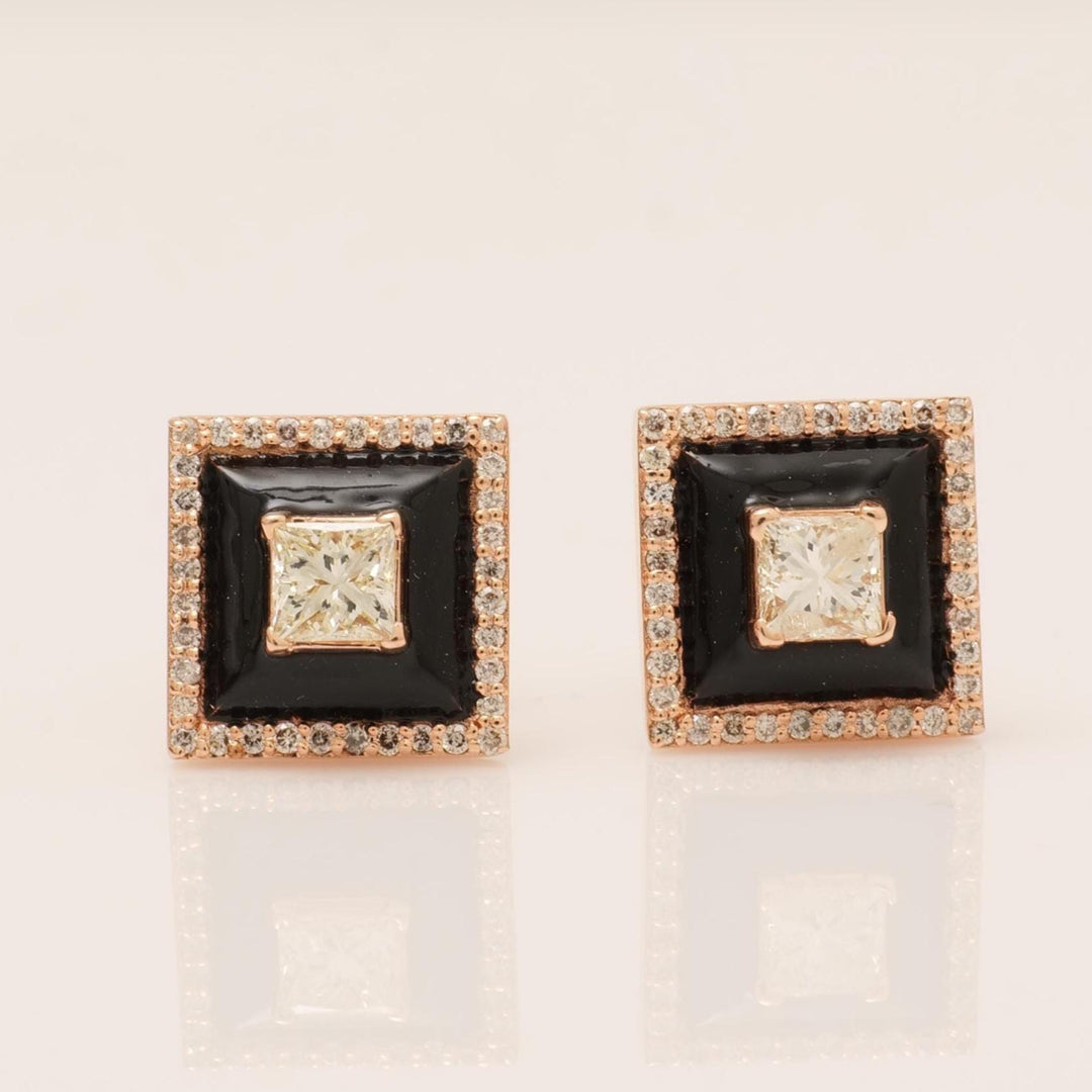 Princess Diamond Stud Earrings with Black Enameling in 14k Solid Gold, Princess & Round Natural Diamonds, Ready To Ship, Women&#39;s Day Gift