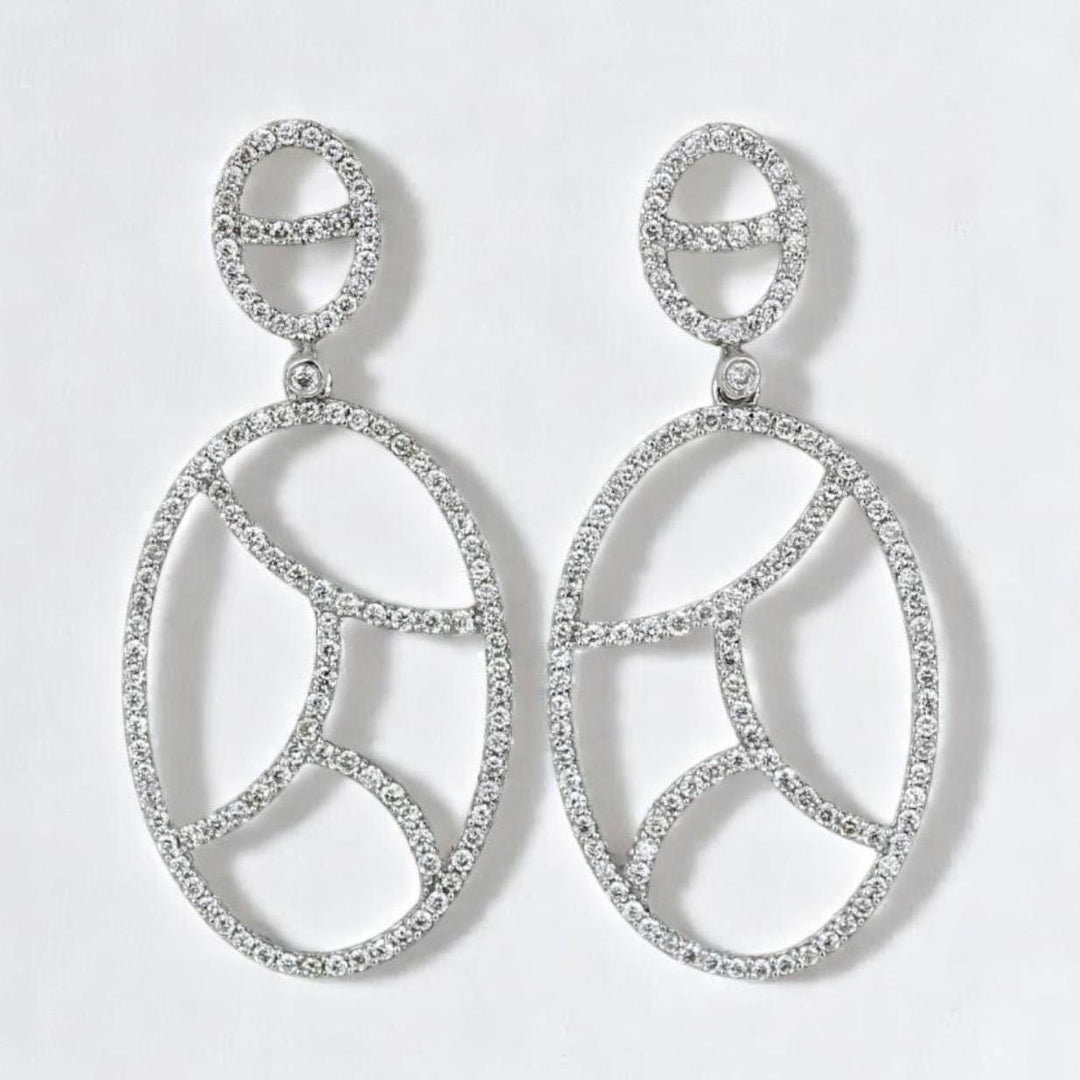 Geometric Oval Natural Diamond Drop Earrings: 14k Solid Gold, HRD Certification, Ready To Ship