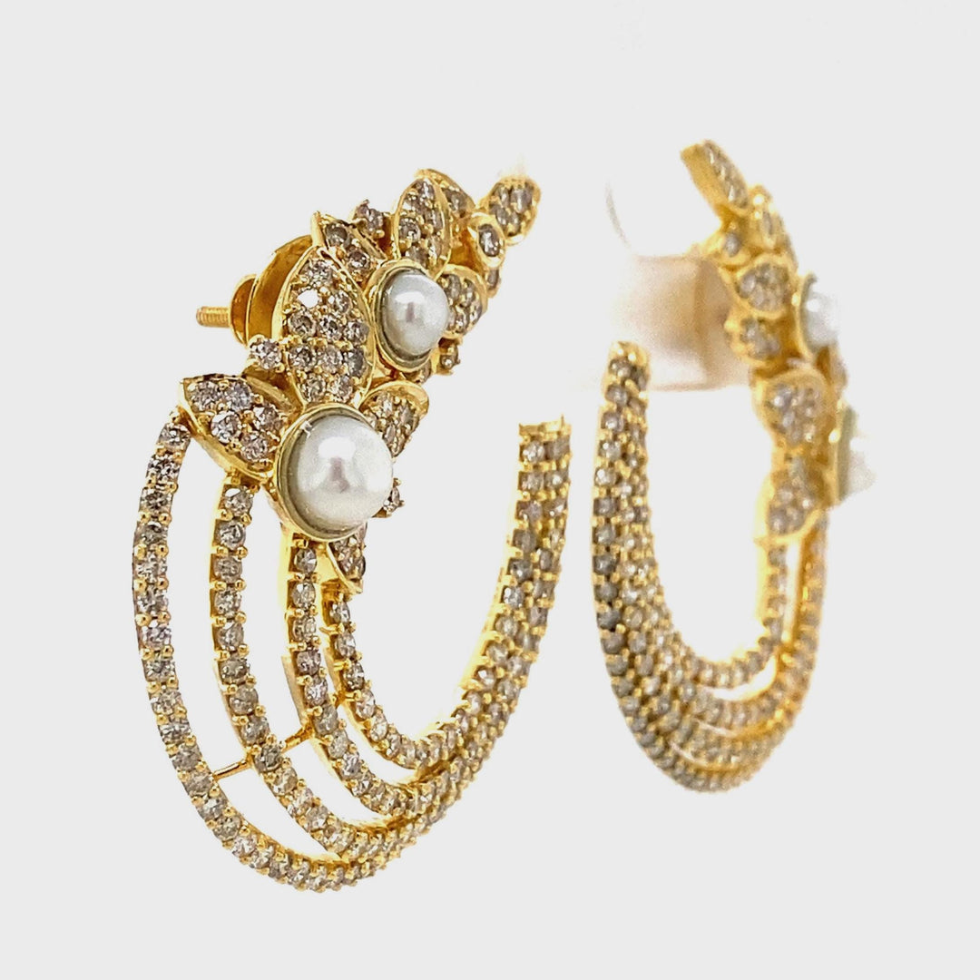Leaves Stud Pearl Diamond Earrings, Natural Diamonds, Gemstone Earrings In 14k Solid Gold, Ready To Ship, Women&#39;s Day Gift