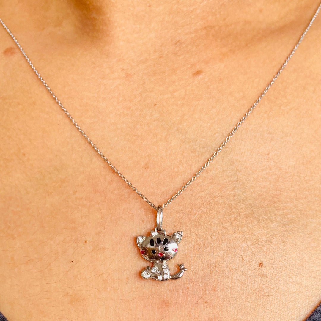 Cat Diamond Charm Pendant, 14k Solid Gold, Natural Diamonds, Enamel Kitten Necklace, Everyday Minimalist Charm, Stacking Animal Jewelry