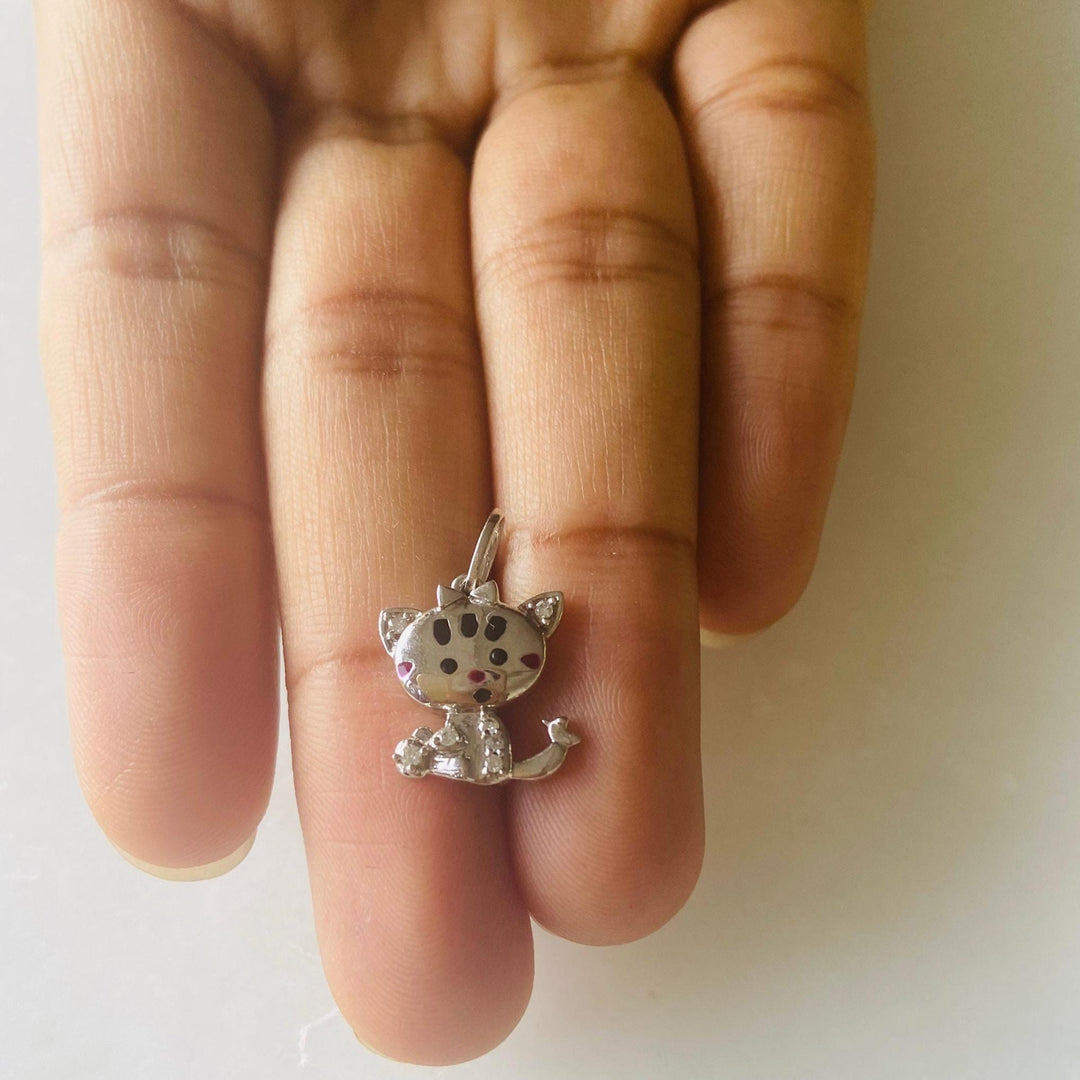 Cat Diamond Charm Pendant, 14k Solid Gold, Natural Diamonds, Enamel Kitten Necklace, Everyday Minimalist Charm, Stacking Animal Jewelry