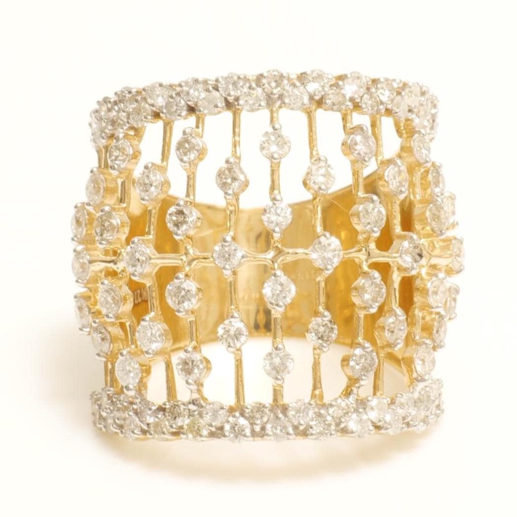 Lattice Openwork Natural Diamond Ring: 14k Solid Gold Cage Cocktail Ring, Certified Jewellery